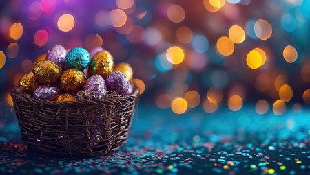 Colorful easter eggs in basket on bokeh lights backgroundの素材