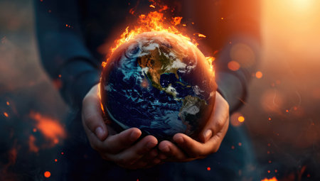 Close up of human hands holding Earth planetの素材