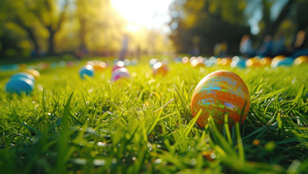 Colorful Easter eggs nestled in sunlit grassの素材