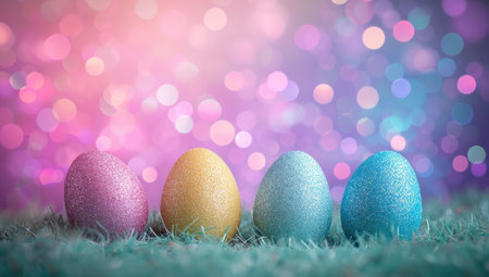 Colorful easter eggs on grass with bokeh backgroundの素材