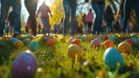 Easter eggs scattered on sunlit grass with people in backgroundの素材