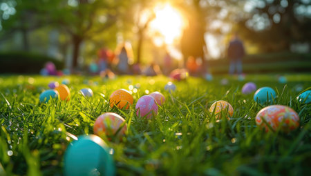 Colorful Easter eggs scattered on sunlit grassの素材