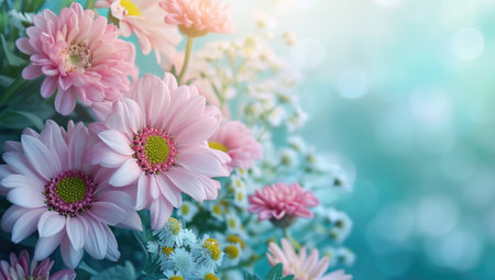 Floral background with pink chrysanthemums and daisies