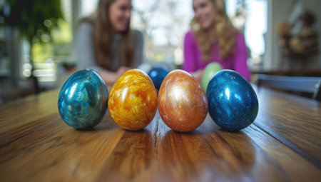 Close up of colorful easter eggs on wooden table with blurred women in backgroundの素材