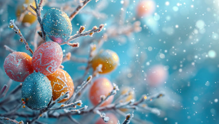 Colorful Easter eggs adorn frozen branches amidst falling snowflakesの素材