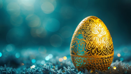 Golden Easter egg with intricate designs on vibrant blue bokeh backgroundの素材