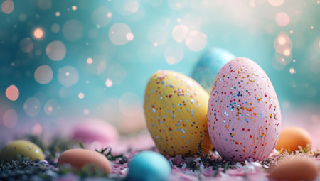 Colorful easter eggs on bokeh background with copy spaceの素材