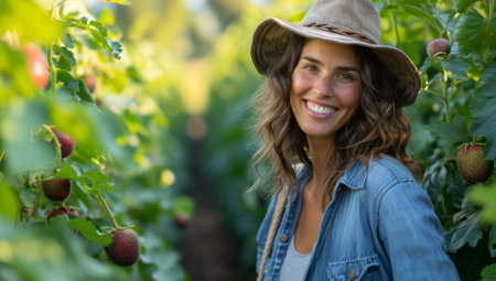 Portrait of smiling young woman in hat looking at camera in vineyardの素材