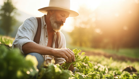 Senior farmer tending to vegetable garden at sunsetの素材