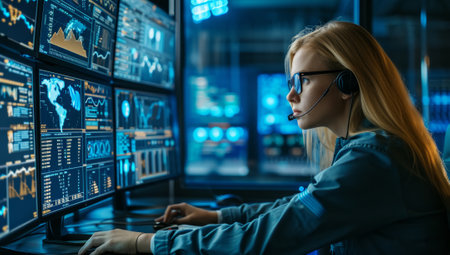 Analyst monitoring data on multiple computer screensの素材