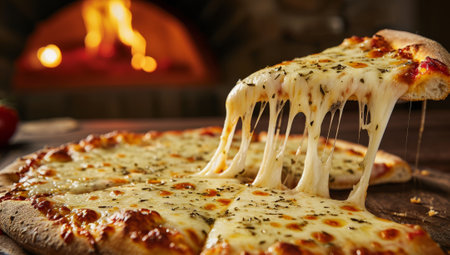 Cheesy mozzarella pizza slice pulled on wooden table with oven fire in backgroundの素材