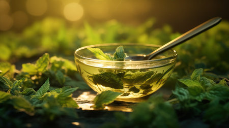 Mint tea in a glass bowl on a green grass background.の素材