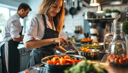 Woman and man preparing food in modern kitchenの素材