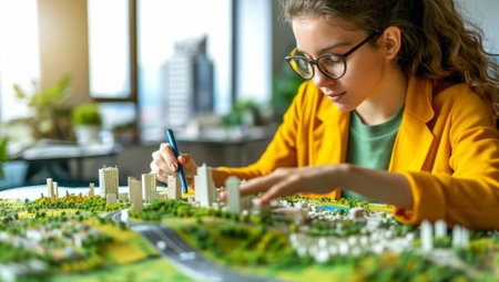 Girl building city model in yellow jacket and eyeglassesの素材