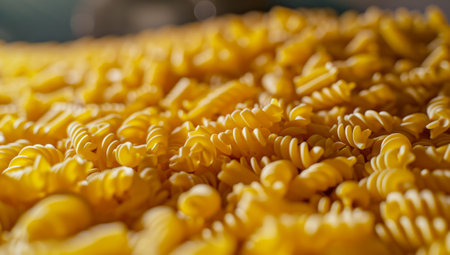 Closeup of a pile of uncooked fusilli pasta.の素材