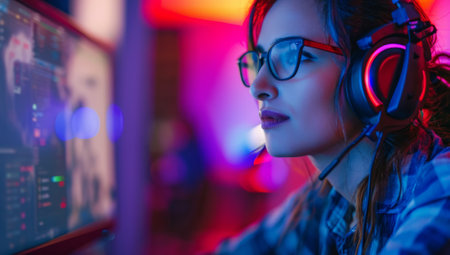 Portrait of female gamer playing online video games with headphones and computerの素材
