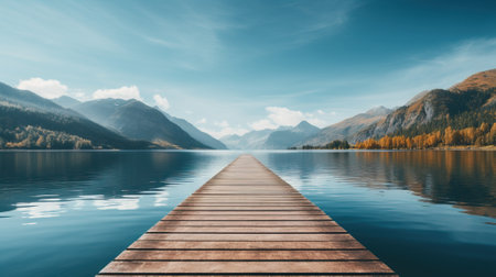Serene Autumn Lake with Wooden Pier and Mountainsの素材
