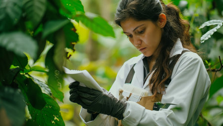Scientist examining coffee plants in greenhouseの素材
