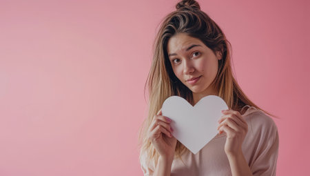 girl holding paper heart on pink background, valentines day conceptの素材