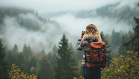 Girl photographing misty mountain valleyの素材