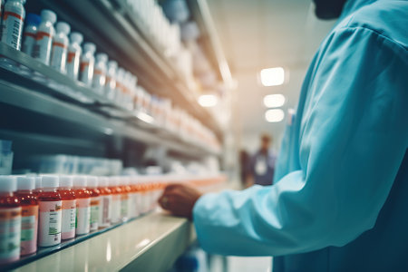 Pharmacist arranging medicines on drugstore shelvesの素材