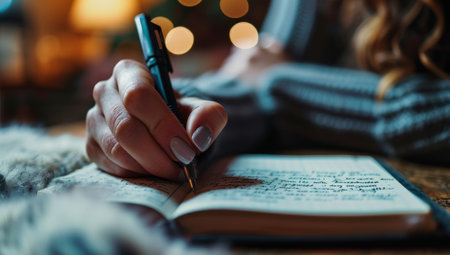 Woman journaling under bokeh lightsの素材