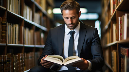 Man in business attire reading book in libraryの素材