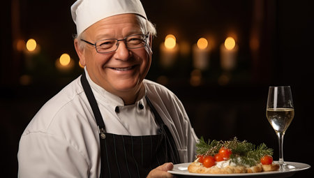Senior chef presenting dish in elegant restaurantの素材
