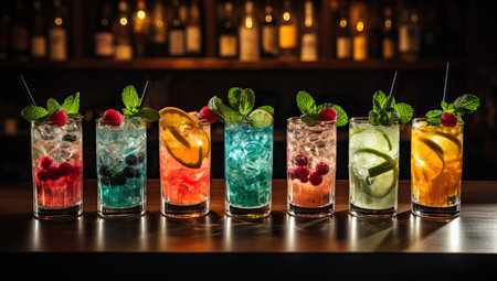Colorful cocktails lined up on bar counter with garnishesの素材