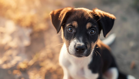 Adorable puppy with bright eyes sitting outdoorsの素材