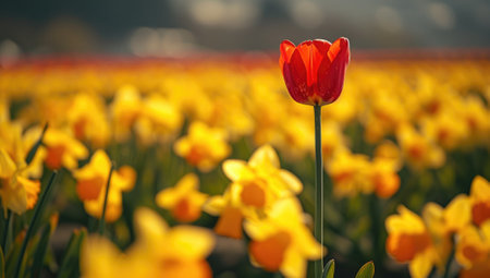 Single red tulip stands out in a field of yellow daffodilsの素材