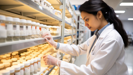 Pharmacist organizing medication shelvesの素材