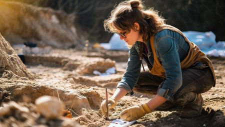 Archaeologist carefully excavating at a dig siteの素材