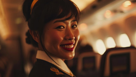 Flight attendant in uniform inside an airplane cabinの素材