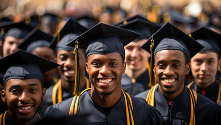 African American graduates celebrating outdoorsの素材