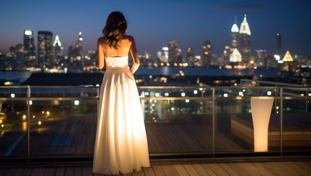 Bride Overlooking Nighttime Cityscapeの素材