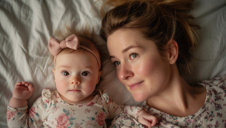 Portrait of mother and daughter lying on the bed at home.の素材