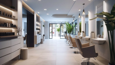 Modern barbershop interior with elegant furniture and lightingの素材