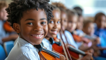 Smiling African American boy playing violin in classroomの素材