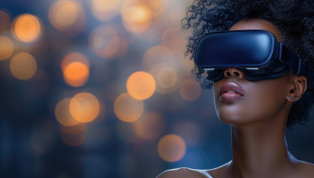 African American woman experiencing virtual reality with bokeh lights backgroundの素材