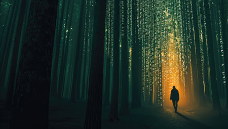 Mysterious silhouette in glowing forestの素材