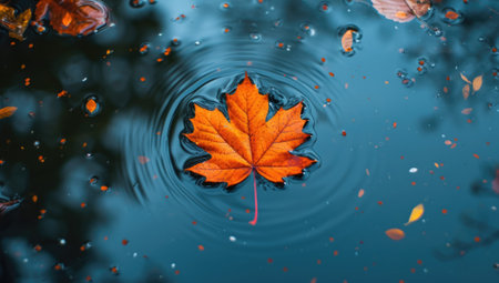 Vibrant orange maple leaf floating on rippled water surfaceの素材