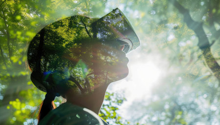 Double exposure of a woman looking through binoculars in the forestの素材