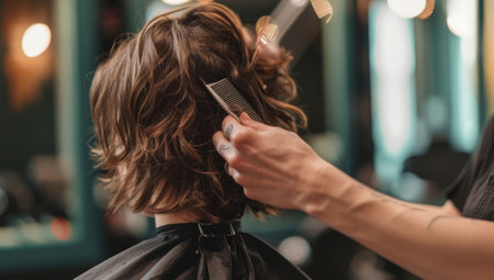 Hairdresser cutting hair of young woman in barbershopの素材