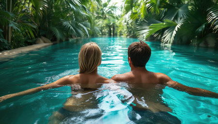 Couple enjoying tranquility in tropical poolの素材