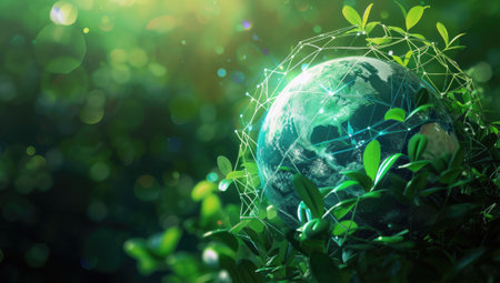 Digital Earth Surrounded by Lush Green Foliage Under Bokeh Lightsの素材