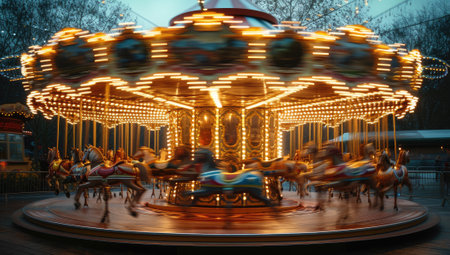 Illuminated merry go round carousel spinning at nightの素材