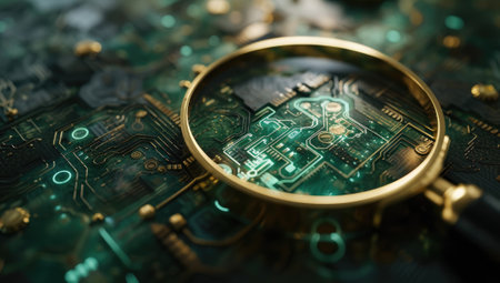 Magnifying glass on electronic circuit board, closeup. Technology conceptの素材