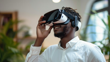 African american man using virtual reality headset in office. technology and entertainment conceptの素材