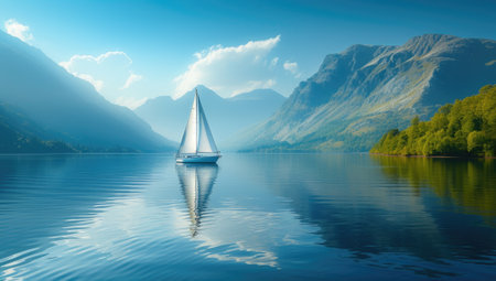 Serene fjord with sailing boat and mountainsの素材